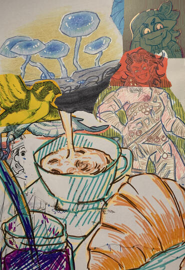 Collaged Traditional Sketches (colored pencil, marker, sticky note), 2023.