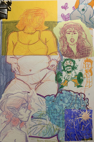 Collaged Traditional Sketches (colored pencil, highlighter, marker, sticky note), 2023.